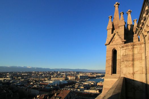View on Geneva city and Jura mountain from a tower of Saint-Peter cathedral, Switzerland
