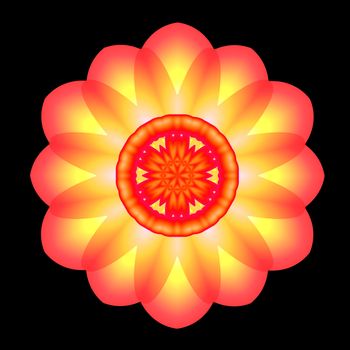 A fractal done in the circular shape of a mandala. It is made in shades of orange and yellow to glow against the black background. 