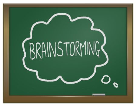 Illustration depicting a green chalk board with the word 'brainstorming' arranged around a thought bubble written in white chalk.
