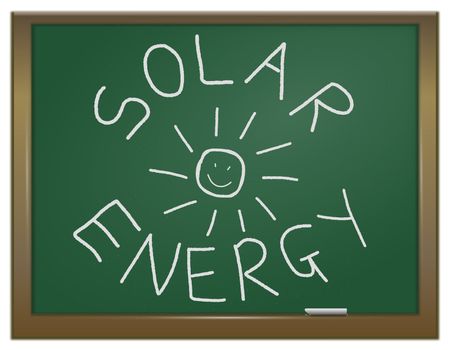 Illustration depicting a green chalk board with the words 'solar energy' arranged around a sun written in white chalk.