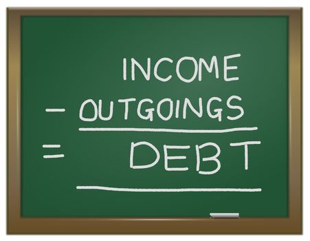 Illustration depicting a green chalk board with the words 'income - outgoings = debt' written on it in white chalk.