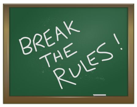 Illustration depicting a green chalk board with the words 'break the rules' written on it in white chalk.