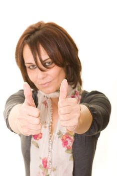 photo of a woman making a thumbs up gesture isolated on white