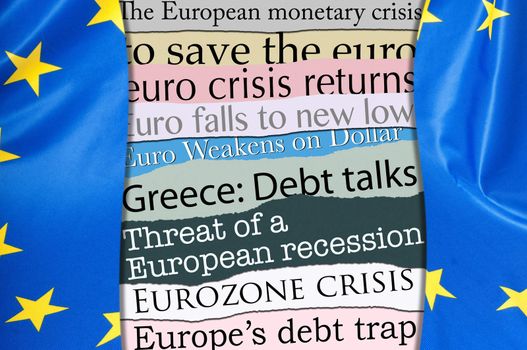 Financial Crisis in Europe - Newsletters Headlines about Financial Crisis With Flag of European Union