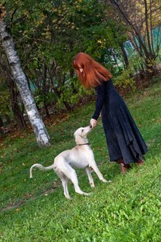 A girl in a black dress and white saliki pup in a forest 
