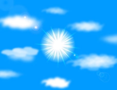 sun on blue sky with lenses flare
