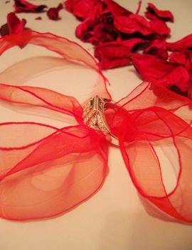 Diamond ring in red ribbon and petals