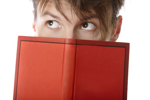 Young man holding red book on a white background