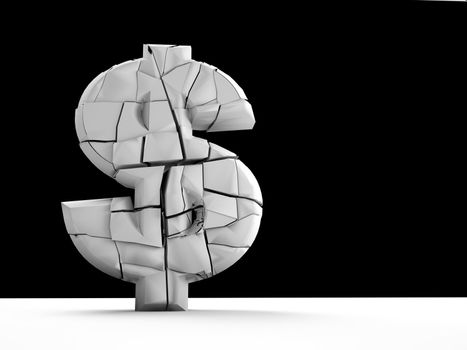 3d broken currency sign on black and white background