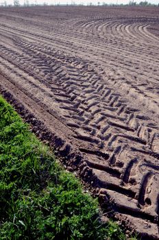 Leveled agricultural field and cargo machine marks on ground