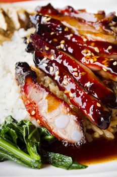 chinese style barbecue pork ribs with rice, popular in asian countries, picture taken in singapore.