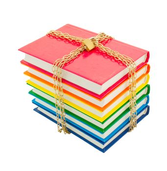 Colorful books tied up with chains isolated over white background