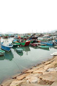 Cheung Chau sea view in Hong Kong, with fishing boats as background.