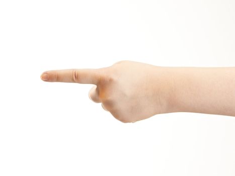 Childs index finger pointing - showing direction - on white background