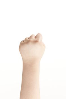 Clenched fist shown by childs hand - on white background