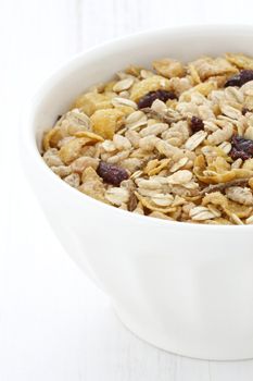 Delicious and nutritious lightly toasted breakfast muesli or granola cereal.