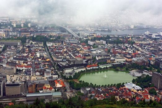 Aerial view of the sity Bergen from the Floyen mountain, Norway
