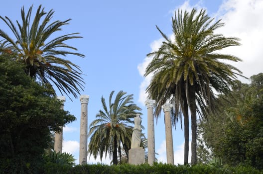 Decorated garden with roman columns and palms