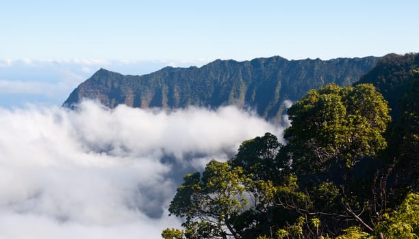 Low clouds start to form on Kalalau valley in Kauai Na Pali Coast