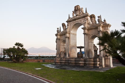 fontana del Gigante with Vesuvius on the background, Naples, Italy