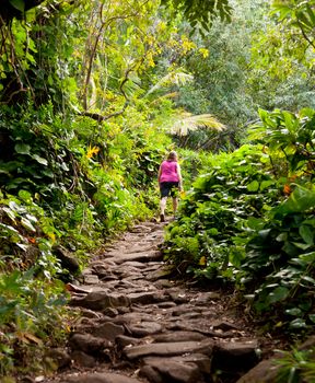 Single woman walker on Kalalau trail along Na Pali coast in Kauai Hawaii