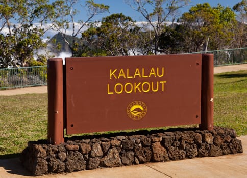 Sign at overlook over Kalalau valley in Kauai Na Pali Coast