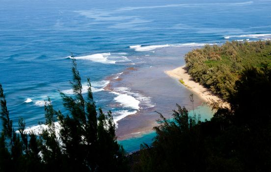 Horizontal image of Kee beach from Kalalau trail on Na Pali coast of Kauai
