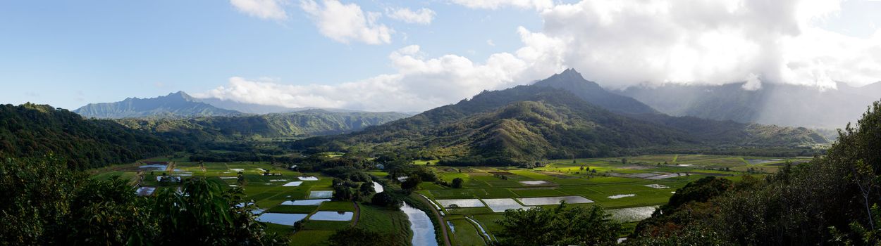 Wide panorama of Hanalei Valley on island of Kauai in very high resolution