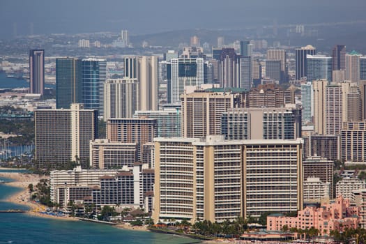 Tower blocks of Waikiki in Oahu Hawaii from the summit of Diamond Head crater