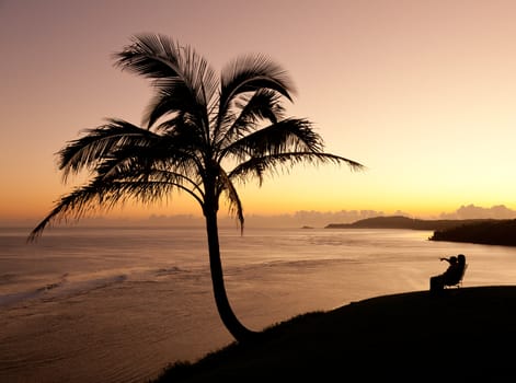Sunrise with couple between two palm trees and looking towards Kilauea lighthouse