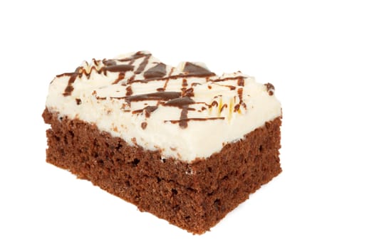 homemade cake with white icing and chocolate isolated on white