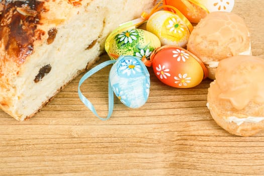 Typical homemade czech Easter Cake With Almonds and painted eggs