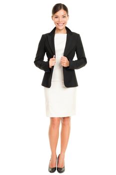 Ethnic Asian professional businesswoman standing confident in skirt suit isolated on white background.