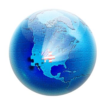 Puzzle on globe view to North America and with flag USA inside