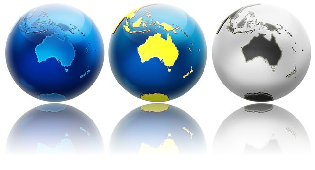 Three different colors globe variations. View to Australia. Isolated on white with reflections. 