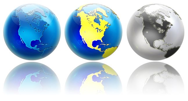 Three different colors globe variations. Position to North America. Isolated on white with reflections. 