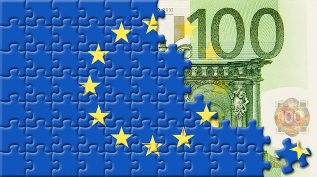 United Europe flag over 100 euro with puzzle design