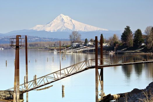 Mt. Hood towering over the Columbia river along marine drive Portland OR.