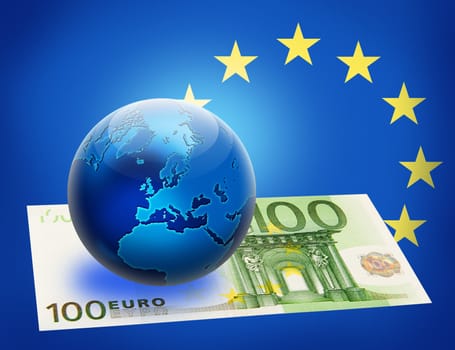 United Europe flag and globe over 100 euro. Money concept design.
