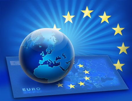 United Europe flag and globe over map. Earth concept design.