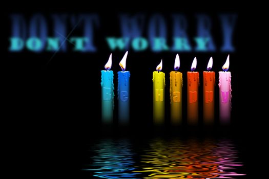 colored candles with dont worry be happy letters inside flooding in water