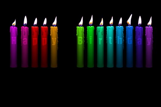 colored candles with happy birthday letters inside isolated on black background