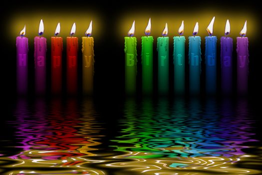 candles with happy birthday letters inside isolated flooding in water