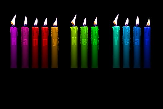 color candles with Happy New Year letters inside isolated on black background