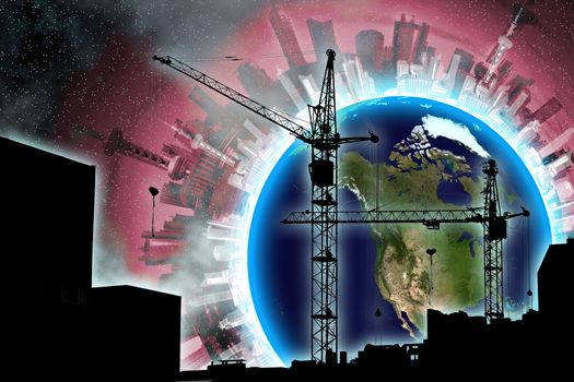 couple lifting cranes and buildings over earth and urban building in open cosmos