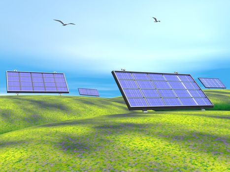 Several solar panels on green hills and seagulls flying by beautiful day