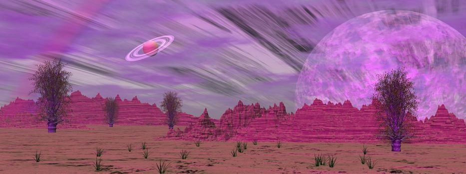 Violet landscape with rock mountains, trees, fog and planets