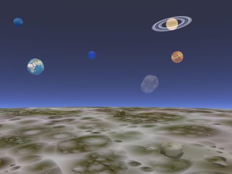 View on the universe and planets from the moon by blue night