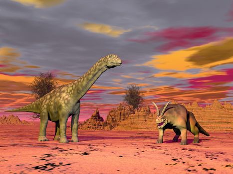 Two prehistorical animals in the desert by cloudy sunset