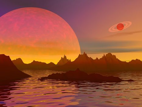 Red landscape with rocky mountains, water and planets